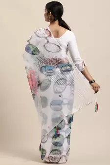Women'S White Organza Printed Saree With silk blend Blouse Piece