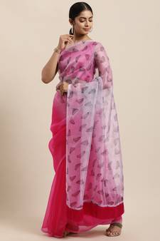 Women'S Dark Pink Organza Digital Printed Saree With Art Silk Blouse Piece