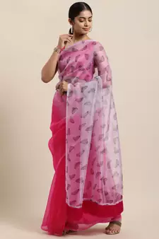 Women'S Dark Pink Organza Digital Printed Saree With Art Silk Blouse Piece