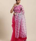Women'S Dark Pink Organza Digital Printed Saree With Art Silk Blouse Piece
