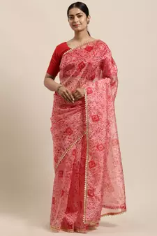 Women'S Light Red Organza Printed Saree With Unstitched Blouse