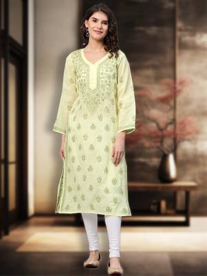 Hand Embroidered Lemon Cotton Lucknowi Chikan Women Kurta 1