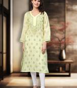 Hand Embroidered Lemon Cotton Lucknowi Chikan Women Kurta