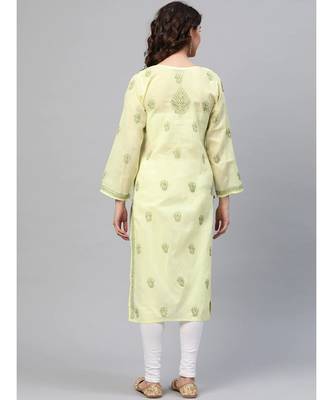 Hand Embroidered Lemon Cotton Lucknowi Chikan Women Kurta 2