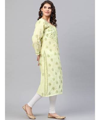 Hand Embroidered Lemon Cotton Lucknowi Chikan Women Kurta 3