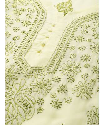 Hand Embroidered Lemon Cotton Lucknowi Chikan Women Kurta 4