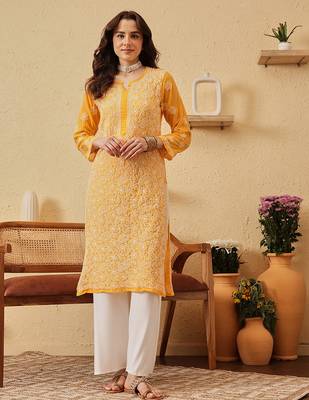 Hand Embroidered Yellow Georgette Lucknow Chikankari Women Kurta 1