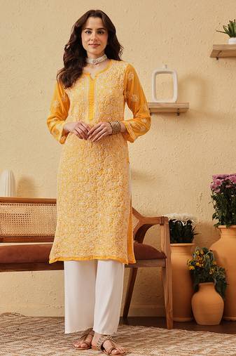 Hand Embroidered Yellow Georgette Lucknow Chikankari Women Kurta