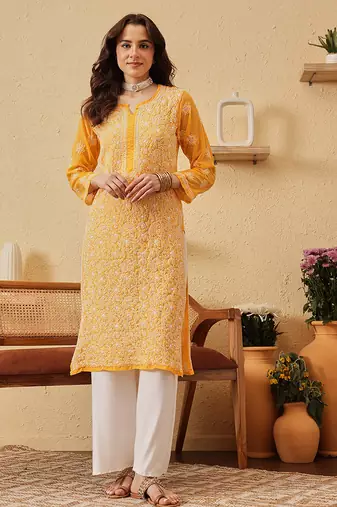 Hand Embroidered Yellow Georgette Lucknow Chikankari Women Kurta