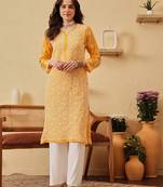 Hand Embroidered Yellow Georgette Lucknow Chikankari Women Kurta