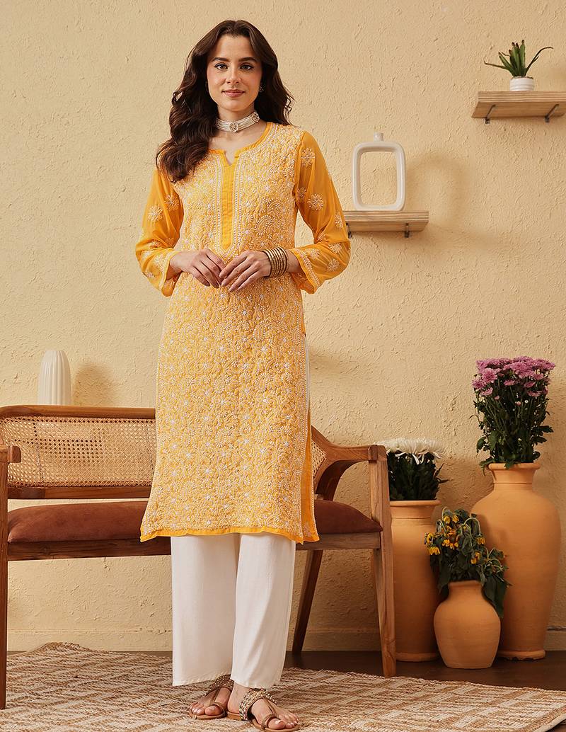 Hand Embroidered Yellow Georgette Lucknow Chikankari Women Kurta