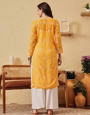 Hand Embroidered Yellow Georgette Lucknow Chikankari Women Kurta 3