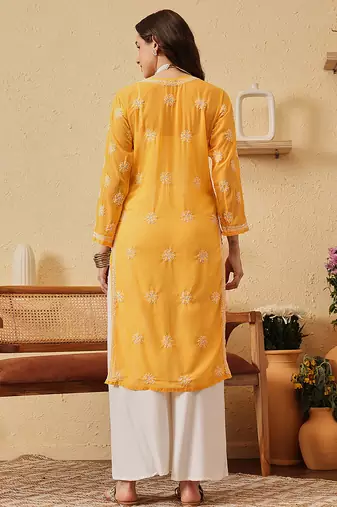 Hand Embroidered Yellow Georgette Lucknow Chikankari Women Kurta