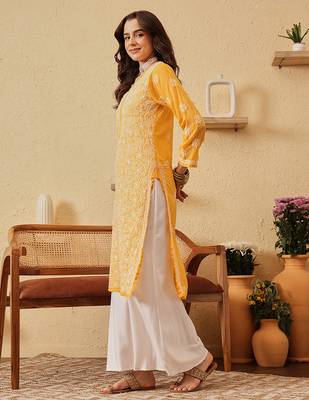 Hand Embroidered Yellow Georgette Lucknow Chikankari Women Kurta 4