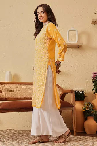 Hand Embroidered Yellow Georgette Lucknow Chikankari Women Kurta