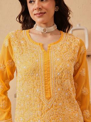 Hand Embroidered Yellow Georgette Lucknow Chikankari Women Kurta 5