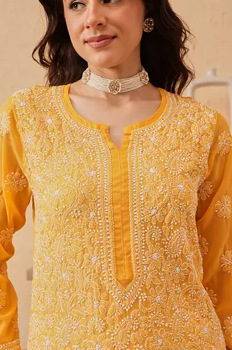 Hand Embroidered Yellow Georgette Lucknow Chikankari Women Kurta