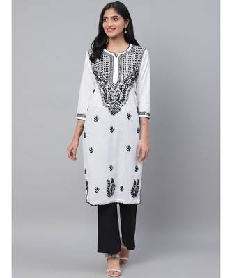 Ada Hand Embroidered White Cotton Lucknowi Chikankari Women Kurta - A100592 1