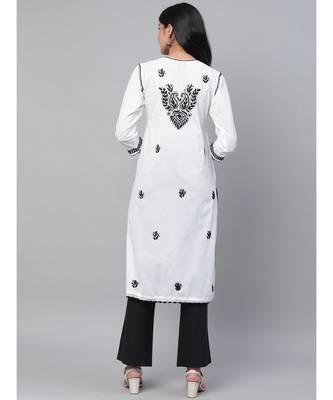 Ada Hand Embroidered White Cotton Lucknowi Chikankari Women Kurta - A100592 2