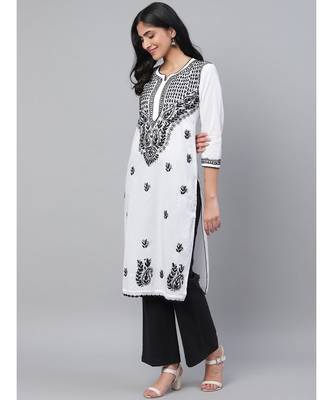 Ada Hand Embroidered White Cotton Lucknowi Chikankari Women Kurta - A100592 3