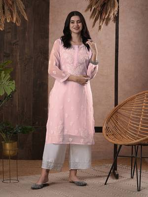 Hand Embroidered Baby Pink Georgette Lucknow Chikan Women Kurta With Slip 1