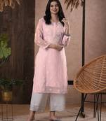 Hand Embroidered Baby Pink Georgette Lucknow Chikan Women Kurta With Slip