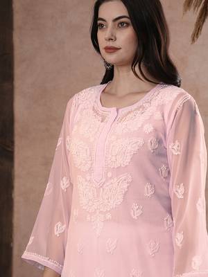 Hand Embroidered Baby Pink Georgette Lucknow Chikan Women Kurta With Slip 3