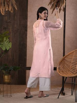 Hand Embroidered Baby Pink Georgette Lucknow Chikan Women Kurta With Slip 4