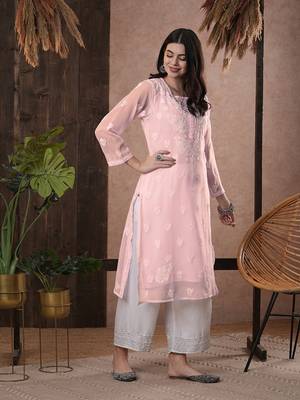 Hand Embroidered Baby Pink Georgette Lucknow Chikan Women Kurta With Slip 5