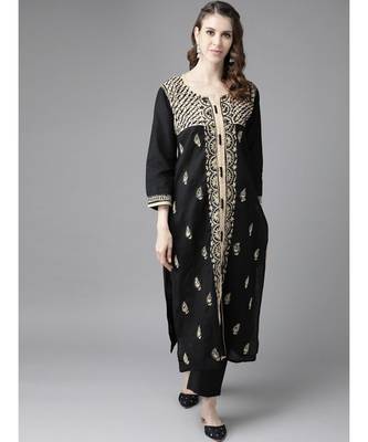 Hand Embroidered Black Cotton Lucknow Chikan Women Kurta 1
