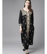 Hand Embroidered Black Cotton Lucknow Chikan Women Kurta
