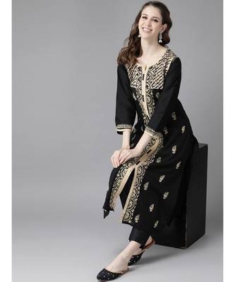 Hand Embroidered Black Cotton Lucknow Chikan Women Kurta 3