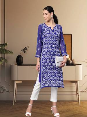 Hand Embroidered Royal Blue Faux Georgette Lucknow Chikankari Women Kurta With Slip 1