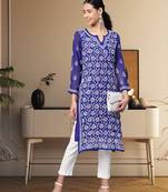 Hand Embroidered Royal Blue Faux Georgette Lucknow Chikankari Women Kurta With Slip