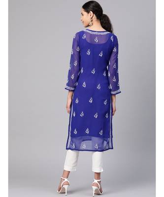 Hand Embroidered Royal Blue Faux Georgette Lucknow Chikankari Women Kurta With Slip 2