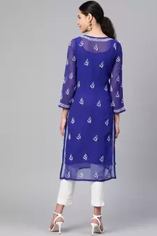 Hand Embroidered Royal Blue Faux Georgette Lucknow Chikankari Women Kurta With Slip