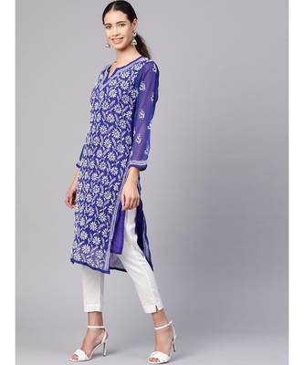 Hand Embroidered Royal Blue Faux Georgette Lucknow Chikankari Women Kurta With Slip 3