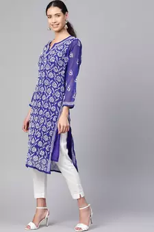 Hand Embroidered Royal Blue Faux Georgette Lucknow Chikankari Women Kurta With Slip