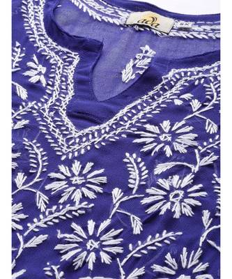 Hand Embroidered Royal Blue Faux Georgette Lucknow Chikankari Women Kurta With Slip 4