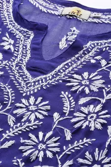 Hand Embroidered Royal Blue Faux Georgette Lucknow Chikankari Women Kurta With Slip
