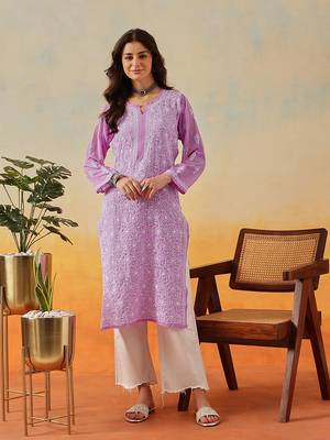 Hand Embroidered Lavender Georgette Lucknow Chikankari Women Kurta 1