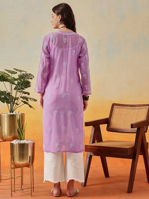 Hand Embroidered Lavender Georgette Lucknow Chikankari Women Kurta 2