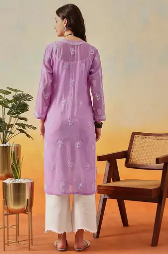 Hand Embroidered Lavender Georgette Lucknow Chikankari Women Kurta