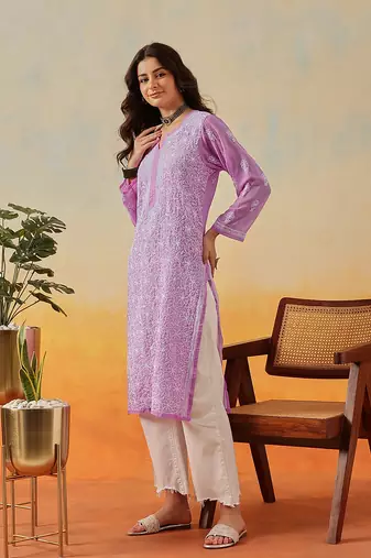 Hand Embroidered Lavender Georgette Lucknow Chikankari Women Kurta