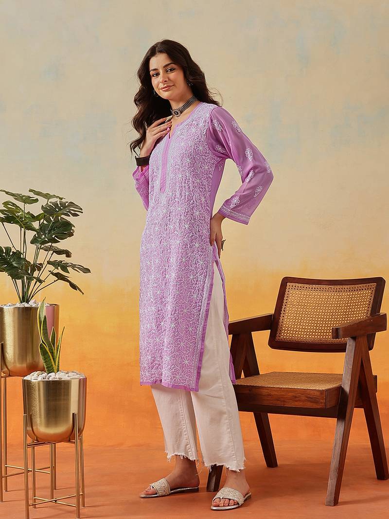 Hand Embroidered Lavender Georgette Lucknow Chikankari Women Kurta