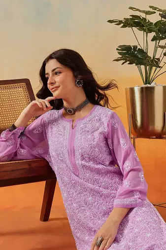 Hand Embroidered Lavender Georgette Lucknow Chikankari Women Kurta