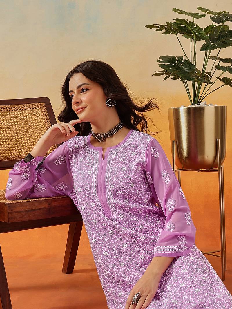 Hand Embroidered Lavender Georgette Lucknow Chikankari Women Kurta