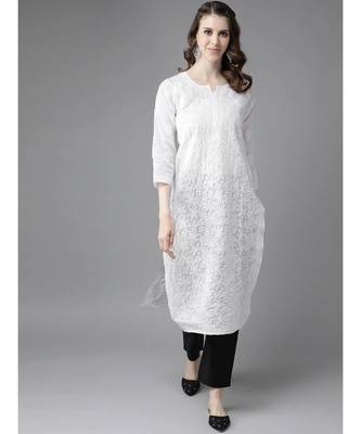 Hand Embroidered White Cotton Lucknowi Chikan Women Kurta 1