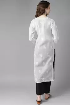 Hand Embroidered White Cotton Lucknowi Chikan Women Kurta