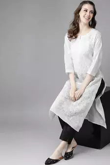 Hand Embroidered White Cotton Lucknowi Chikan Women Kurta